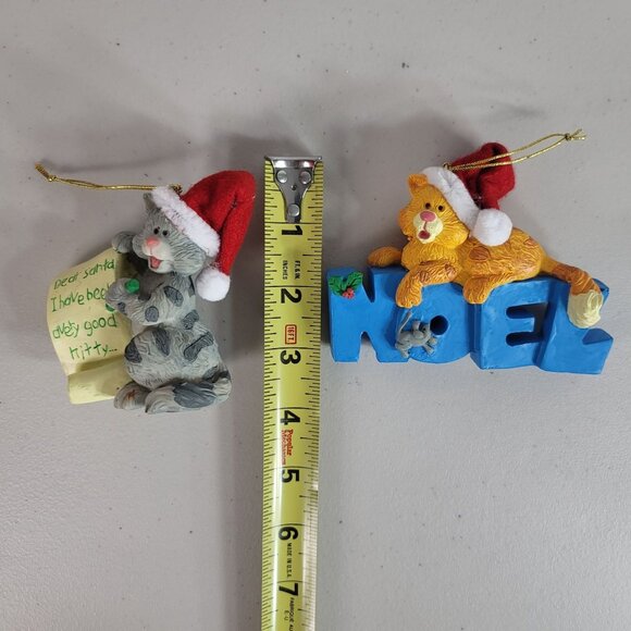 Cat Christmas Ornaments Set of 2 Kitty Noel Dear Santa Wearing Santa Hat Ceramic - Picture 8 of 8
